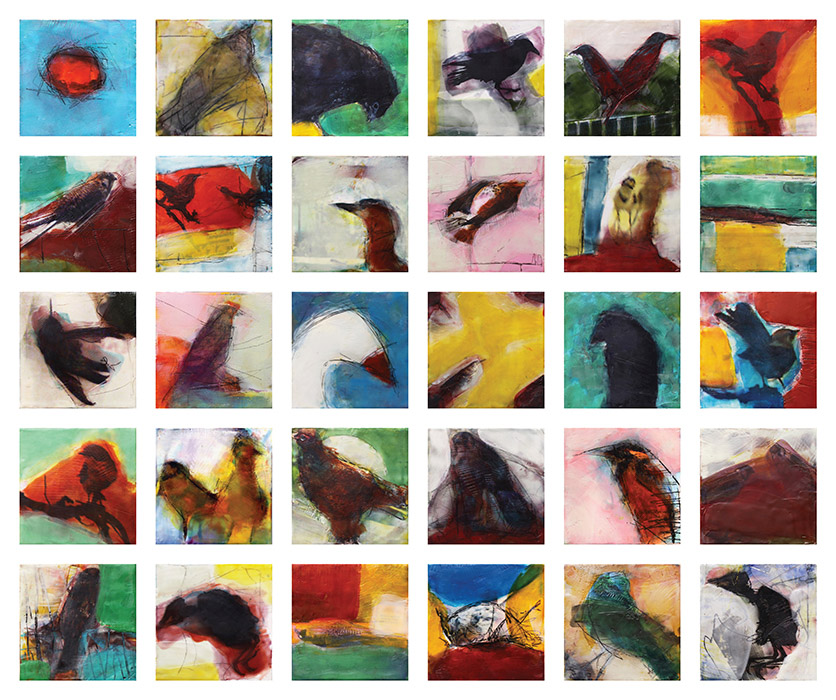 Original artwork by Barbara Downs, The Daily Bird, Reconsidered, Encaustic/Oil/Photo on Panels, 30 panels in a 5x6 grid