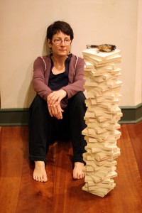 Barbara Downs with a tower of panels for The Daily Bird