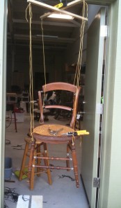 Original artwork by Barbara Downs, Chairionette, Repurposed Chair, disassembled and articulated