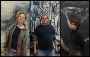 Claire Thorson, Tom Maderos and Barbara Downs standing in front of their paintings