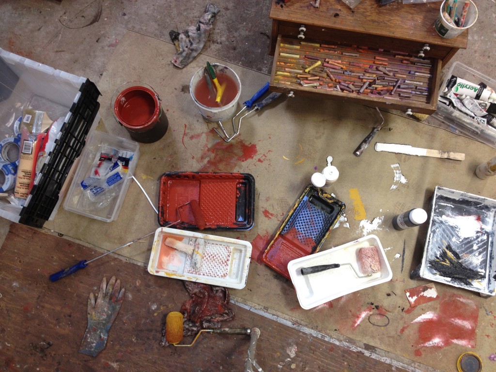Barbara Downs, photo of studio floor showing painting supplies