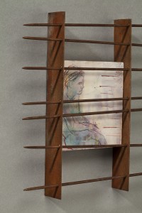 Original artwork by Barbara Downs, detail of In Memory of Childhood #13, Encaustic/Oil on Panel with rust-patina metal frame