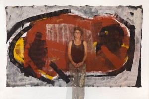 Original artwork by Barbara Downs, Barbara Downs standing in front of Inward, 2012