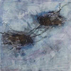 Original artwork by Barbara Downs, Precious in the Brambles, Encaustic/Oil/Photo/Barbed Wire on Panel