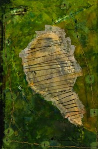 Original artwork by Barbara Downs, To Have and To Hold, Encaustic/Oil/Photo/Barbed Wire/Sinew/Nails on Panel