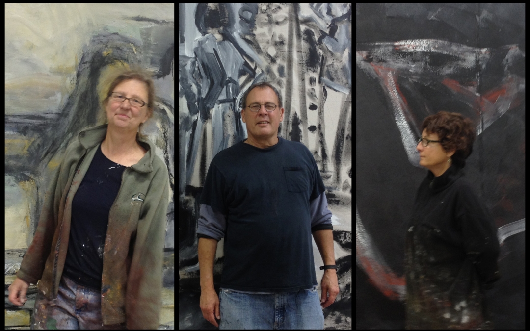 Claire Thorson, Tom Maderos and Barbara Downs standing in front of their paintings