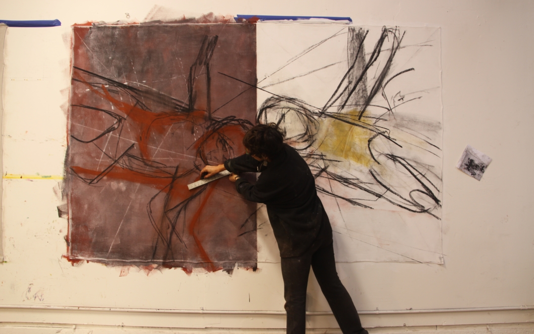 Barbara Downs working on a large painting in her studio